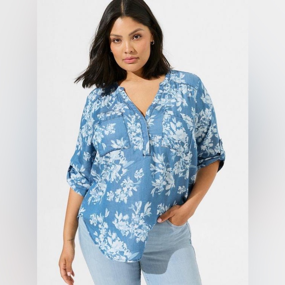 Light Blue Tencel Floral Pullover Blouse